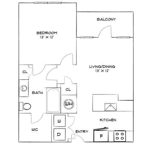 Inviting floor plan showcasing 1 bedroom, an open living/dining area, modern kitchen, and a relaxing balcony.