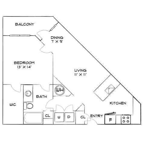 Chic floor plan showcasing a spacious bedroom with walk-in closet, cozy living and dining areas, modern kitchen, and inviting balcony.