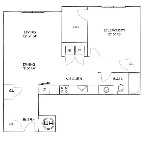 Elegant floor plan showcasing a spacious 1-bedroom apartment with a large living and dining area, modern kitchen, and ample storage including walk-in closet.