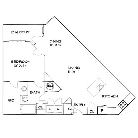 Sophisticated apartment floor plan featuring 1 spacious bedroom, a modern kitchen, and a cozy living area opening to a private balcony.