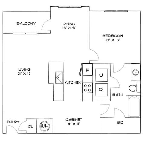 Modern floor plan showcasing a spacious 1-bedroom apartment with open living and dining areas, a kitchen island, and a private balcony.
