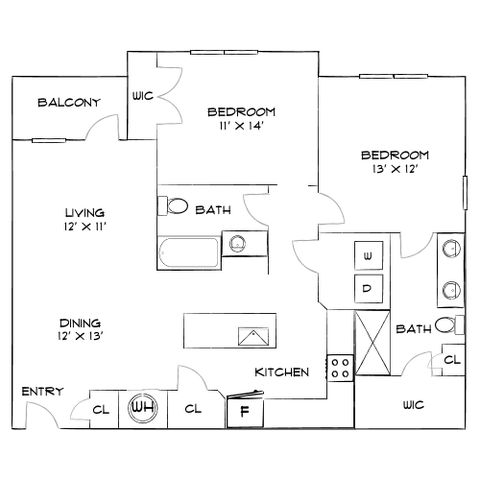 Elegant floor plan showcasing 2 spacious bedrooms, a modern kitchen, open living and dining areas, and a private balcony.