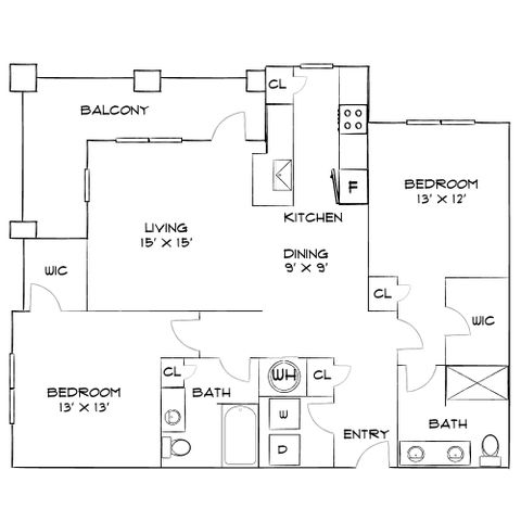 Contemporary apartment floor plan with 2 bedrooms, spacious living area, modern kitchen, and large balcony.