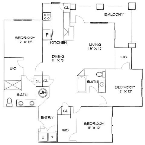 Inviting floor plan showcasing 3 spacious bedrooms, a modern kitchen, open living and dining areas, plus a private balcony.
