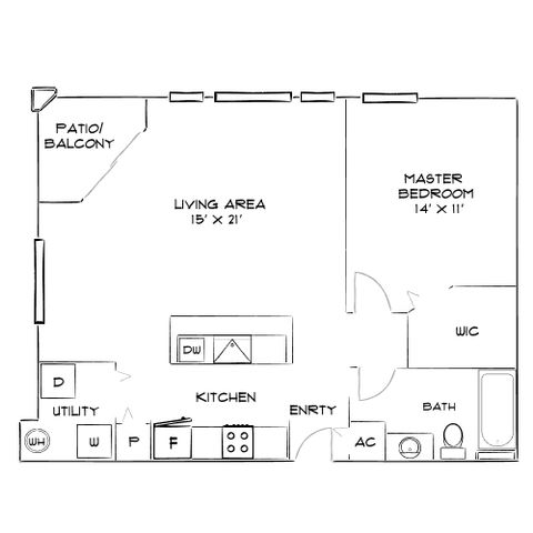 Modern floor plan featuring a spacious living area, master bedroom, and kitchen with patio access.