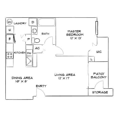 Inviting floor plan with a master bedroom, spacious living area, modern kitchen, and private patio balcony.