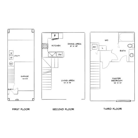 Elegant three-story townhouse floor plan featuring a spacious garage, utility area, open-concept kitchen and dining, and a luxurious master bedroom suite.