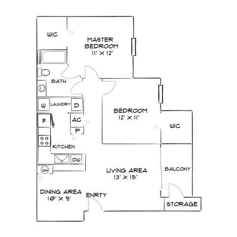 Modern apartment floor plan showcasing a master bedroom with ensuite, additional bedroom, open living area, dining space, kitchen, balcony, and convenient storage.