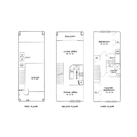 Elegant tri-level floor plan showcasing a roomy garage and utility on the first floor, an open-concept living and dining area with a stylish kitchen on the second floor, and two spacious bedrooms with ample closet space and bathrooms on the third floor.