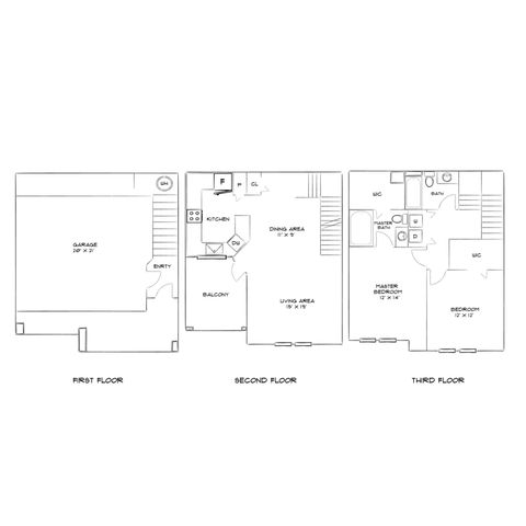 Elegant three-story apartment floor plan featuring a spacious garage on the first floor, open-concept living and dining areas with a balcony on the second floor, and luxurious bedrooms with walk-in closets on the third floor.