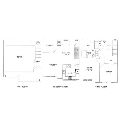Modern tri-level floor plan featuring a spacious garage, open-concept living area with kitchen and balcony, plus two bedrooms with private baths.