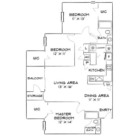 Modern floor plan showcasing a spacious layout with 3 bedrooms, an open-concept living and dining area, a well-equipped kitchen, and a private balcony. Ideal for comfortable living.
