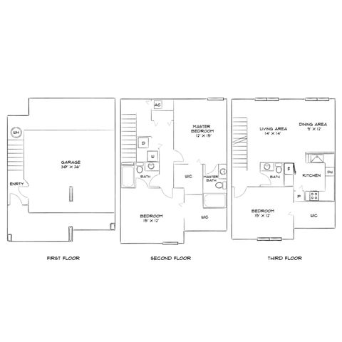 Elegant three-floor plan featuring a spacious garage, master bedroom with ensuite, and open-concept living area with dining and kitchen on the top floor.
