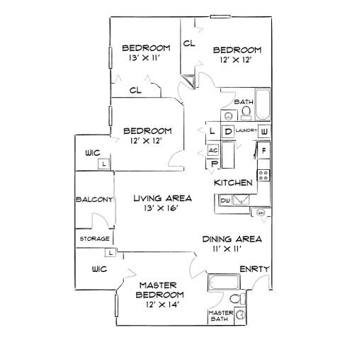 Elegant floor plan showcasing a spacious layout with 3 bedrooms, open living area, contemporary kitchen, dining area, and private balcony. Includes master suite with ensuite bath.