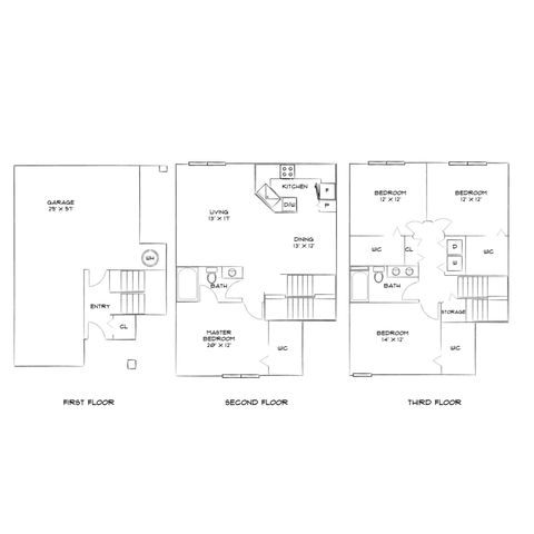 Three-level floor plan featuring a spacious garage, elegant living and dining area with kitchen on the second floor, and three bedrooms with ample storage on the third floor.