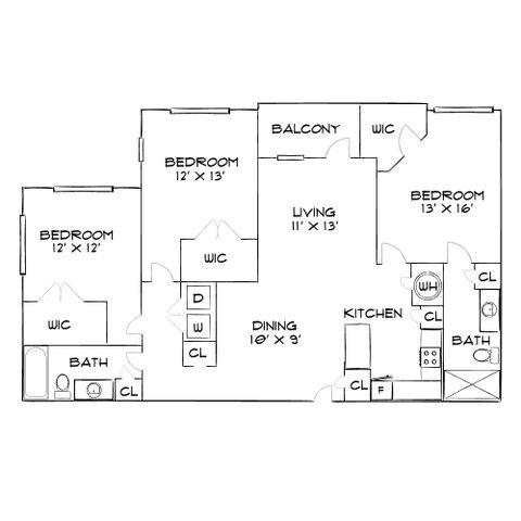 Elegant 2D floor plan showcasing 3 spacious bedrooms, an open living and dining area, modern kitchen, and a cozy balcony.