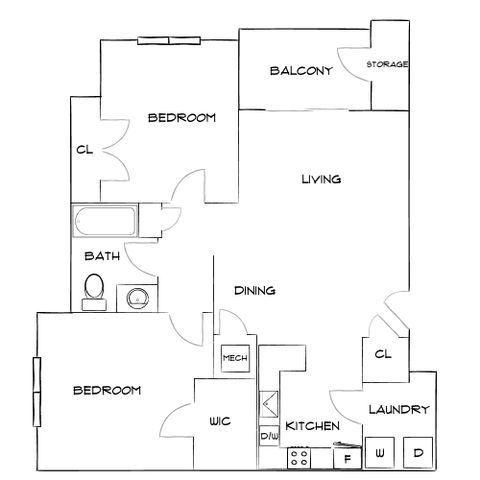 Modern floor plan showcasing 2 bedrooms, a spacious living area, and a balcony. Includes a well-appointed kitchen, dining space, and laundry room.