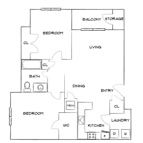 Modern 2-bedroom apartment floor plan with spacious living area, private balcony, and efficient kitchen layout.