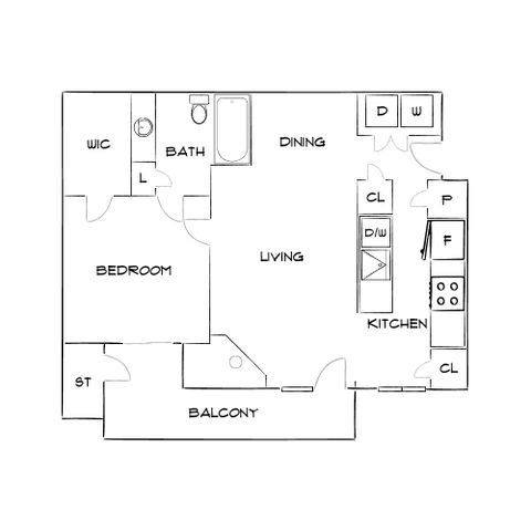 Contemporary floor plan featuring 1 bedroom, large living area, modern kitchen, and private balcony, perfect for convenient living.