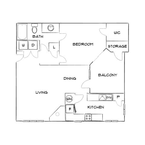 Modern floor plan with 1 bedroom, open living and dining area, well-equipped kitchen, and private balcony.
