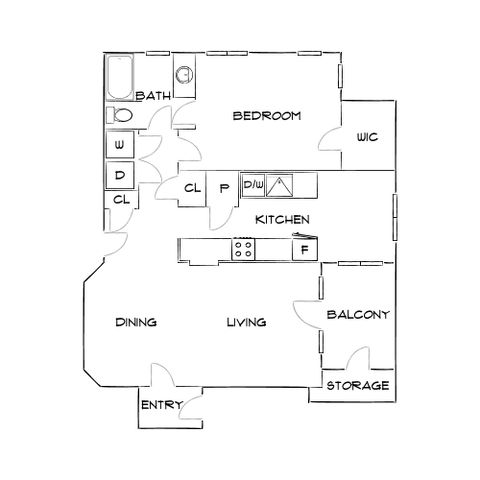 Modern apartment floor plan featuring a spacious bedroom, open-concept kitchen and living area, dining space, bath, balcony, and ample storage options.