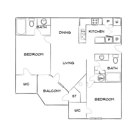 Modern floor plan showcasing 2 bedrooms with walk-in closets, spacious living and dining area, and a well-equipped kitchen with a laundry room, featuring a private balcony.