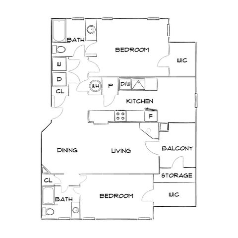 Modern floor plan featuring two bedrooms, two bathrooms, an open dining and living area, a functional kitchen, and a cozy balcony with storage.