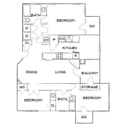 Elegant 2D floor plan showcasing 3 bedrooms, an open living and dining area, modern kitchen, and a charming balcony.