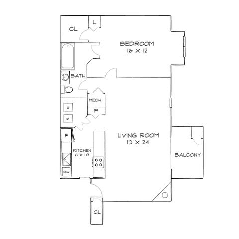 Inviting floor plan showcasing a spacious 1-bedroom layout with a large living room, modern kitchen, and cozy balcony.