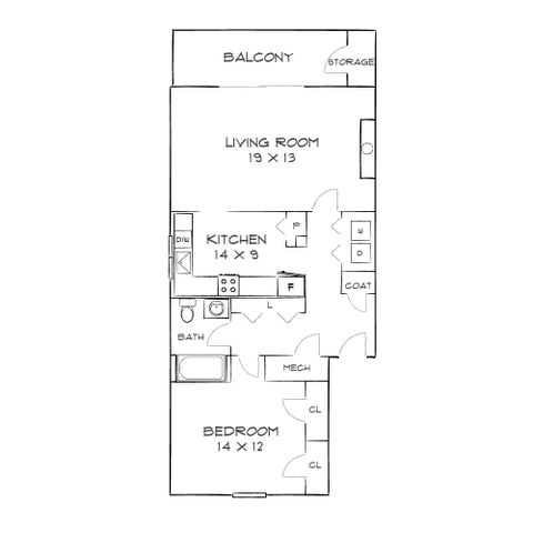 Chic floor plan showcasing a 1-bedroom apartment with a modern kitchen, spacious living room, and private balcony.