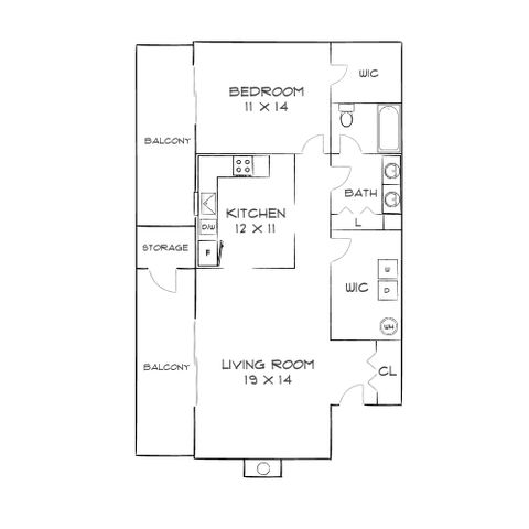 Modern apartment floor plan showcasing one bedroom, a spacious living room, and a well-equipped kitchen with two balconies.