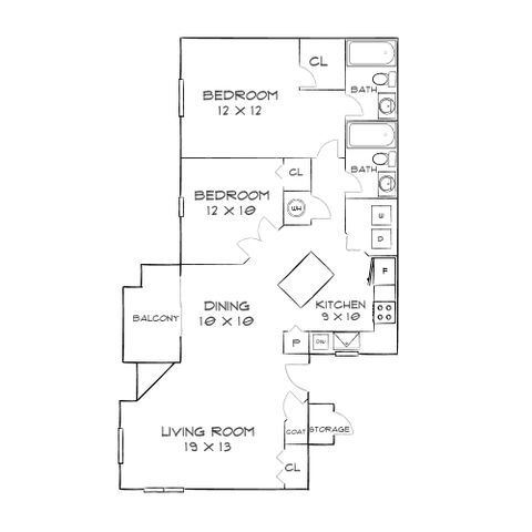 Charming floor plan featuring 2 spacious bedrooms, a modern kitchen, cozy living room, and a private balcony.
