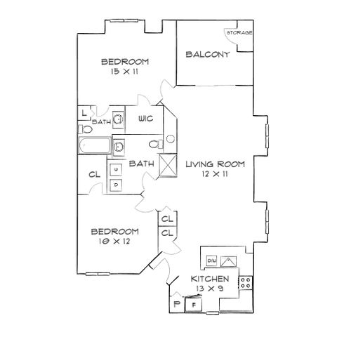 Elegant floor plan showcasing 2 bedrooms, a modern kitchen, open living room, and a cozy balcony.