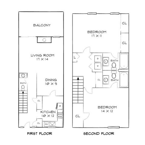 Charming two-story floor plan featuring two spacious bedrooms with ample closets, a cozy living room, a well-appointed kitchen, dining area, and a delightful balcony for outdoor relaxation.