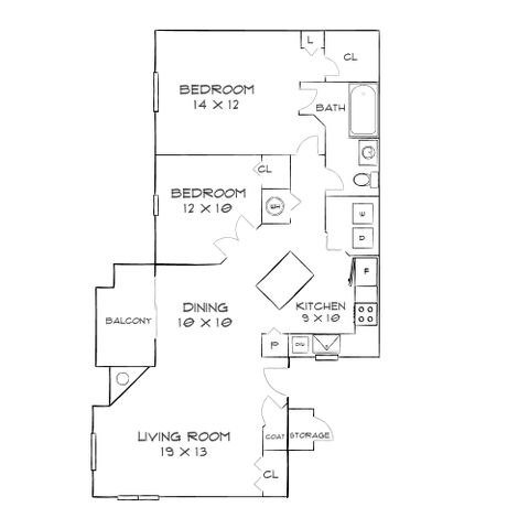 Charming floor plan showcasing 2 bedrooms, a modern kitchen, and spacious living and dining rooms with a cozy balcony.