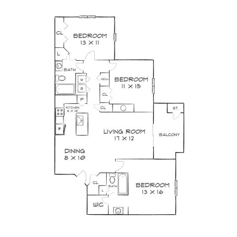 Elegant floor plan showcasing 3 bedrooms, 2 bathrooms, a spacious living room, and a cozy dining area with a balcony.