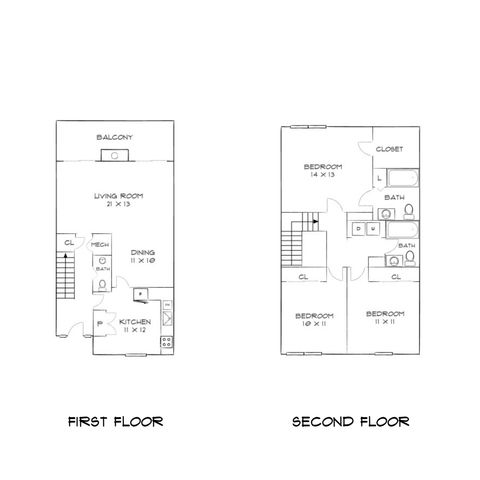 Modern two-story floor plan featuring a first-floor open layout with a spacious living room, dining area, and kitchen leading to a balcony. Second floor includes three bedrooms and two bathrooms for enhanced comfort.