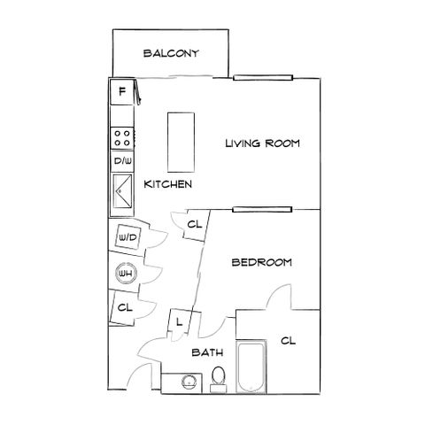 Modern floor plan with 1 bedroom, open kitchen, spacious living room, and balcony.