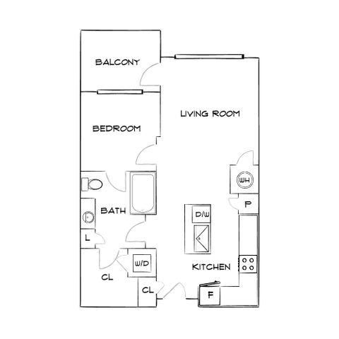 Chic floor plan showcasing a modern 1-bedroom apartment with a balcony, spacious living room, stylish kitchen, and well-appointed bath.