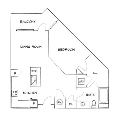 Chic floor plan featuring a bedroom, open living room, modern kitchen with pantry, and inviting balcony.