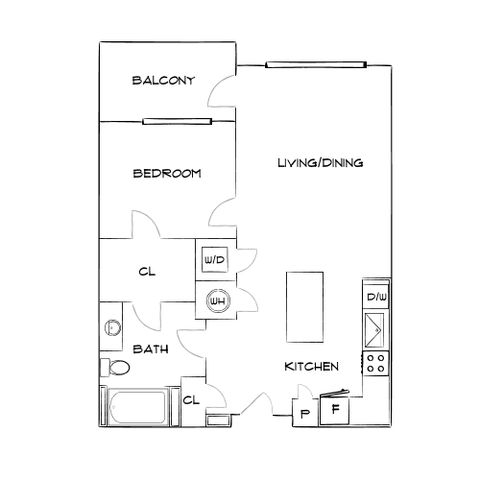 Modern apartment floor plan with 1 bedroom, private balcony, and open living/dining area featuring a stylish kitchen.