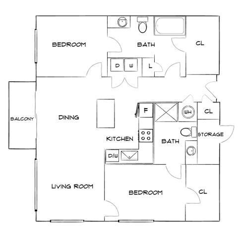 Elegant floor plan with 2 bedrooms, open dining and living area, modern kitchen, and dual bathrooms, featuring storage space and a private balcony.