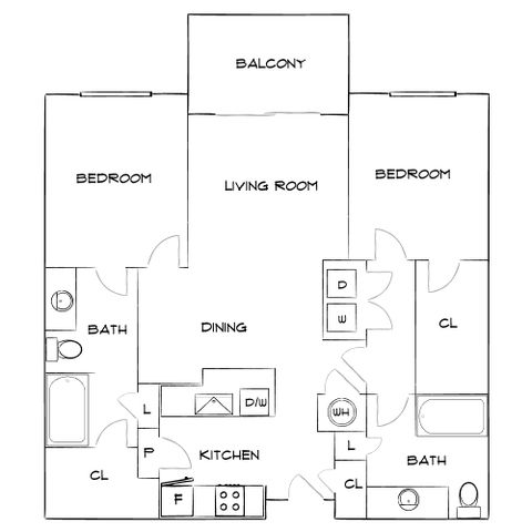 Inviting floor plan showcasing two bedrooms, a large balcony off the living room, and a modern kitchen with dining space.
