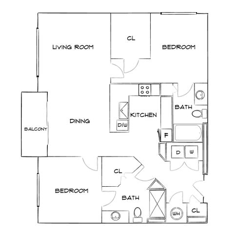 Modern floor plan showcasing 2 bedrooms, open living and dining area, kitchen, 2 bathrooms, and a private balcony.