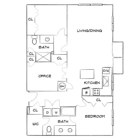 Elegant floor plan showcasing a spacious living/dining area, modern kitchen, one bedroom with walk-in closet, a versatile office, and two luxurious bathrooms.