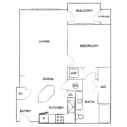 Chic apartment floor plan with 1 bedroom, spacious living and dining areas, modern kitchen, and a balcony with storage.