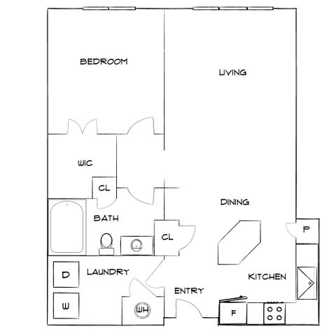 Chic 1-bedroom floor plan with open living and dining, modern kitchen, and convenient laundry area.