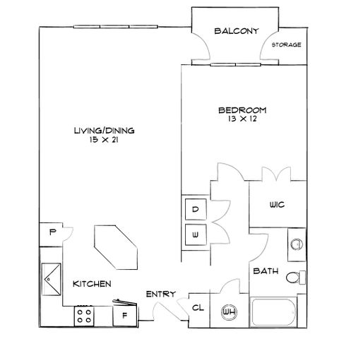 Modern floor plan featuring an open living and dining area, a cozy bedroom, balcony with storage, and a well-equipped kitchen.