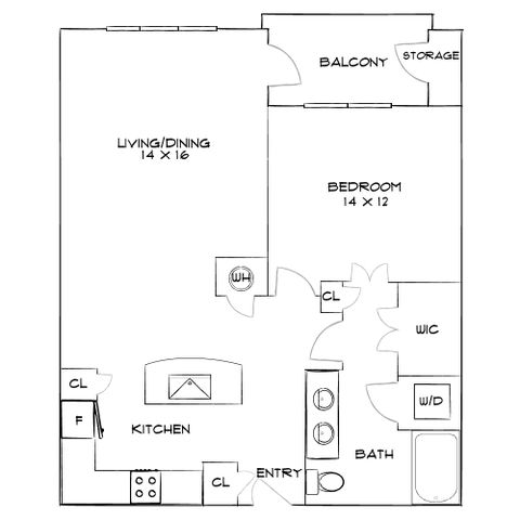 Charming floor plan with 1 bedroom, spacious living/dining area, modern kitchen, and a balcony with storage.