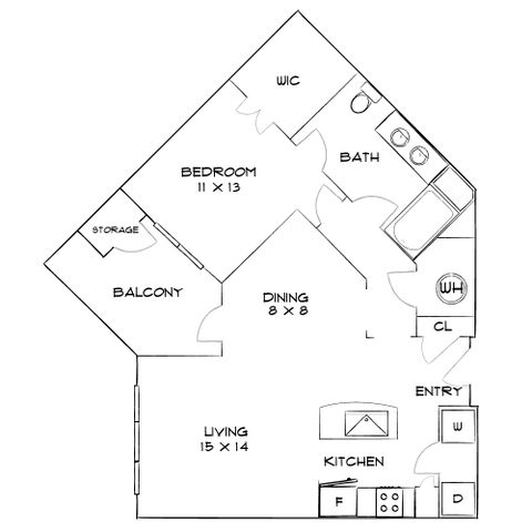 Modern floor plan showcasing one-bedroom apartment with spacious living area, balcony, and efficient kitchen layout. Includes walk-in closet and cozy dining space, perfect for urban living.